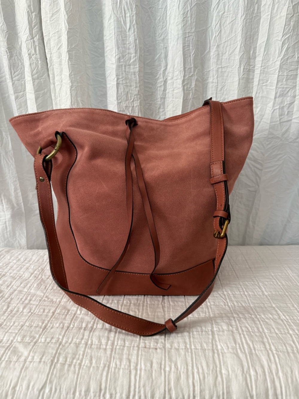 Sundance Suede Drawstring Tote in Dusty Rose